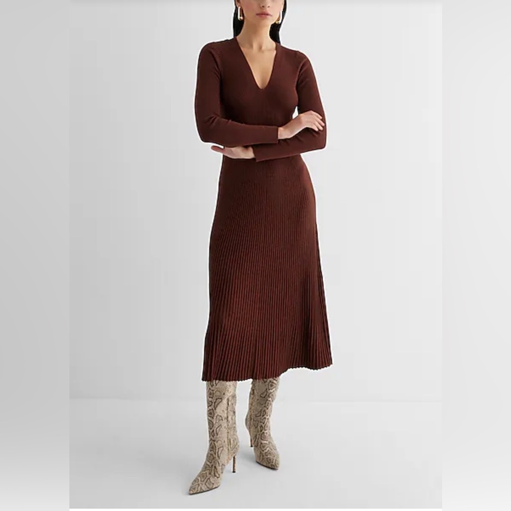 BLACK Ribbed V-Neck Long Sleeve Sweater Midi Dress New XS